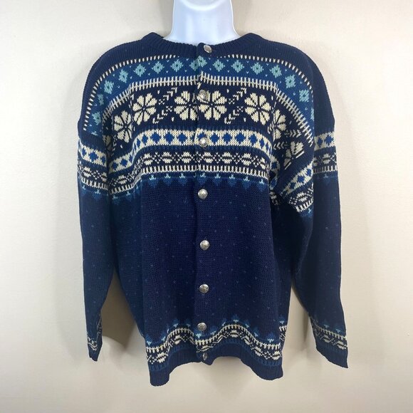 Vintage Figgjo Norway Fair Isle Apres Ski Hand Knit Sweater XL Wool Cardigan - Picture 1 of 8